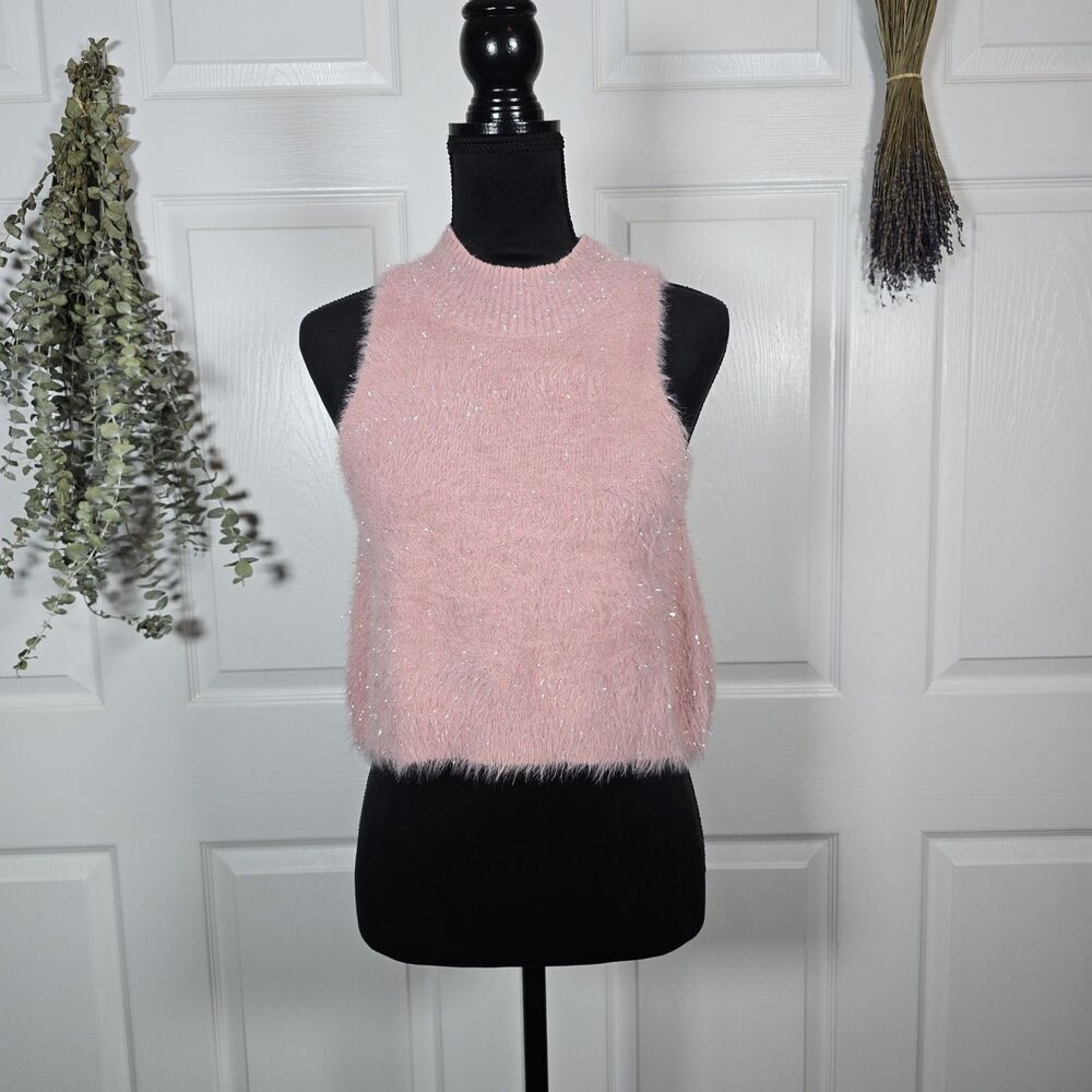 Anthropologie Sleeveless Crop Fuzzy Sweater Pink Silver SOFT XS